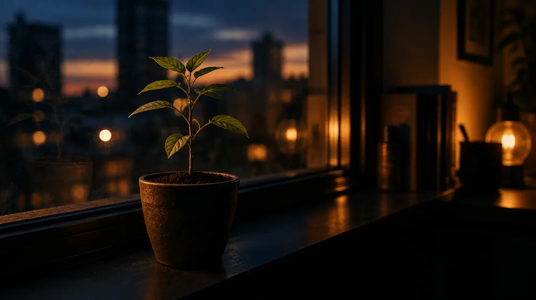 Gammal läderfåtölj vänd mot en varmt upplyst öppen spis i en stilla privat arbetsrum